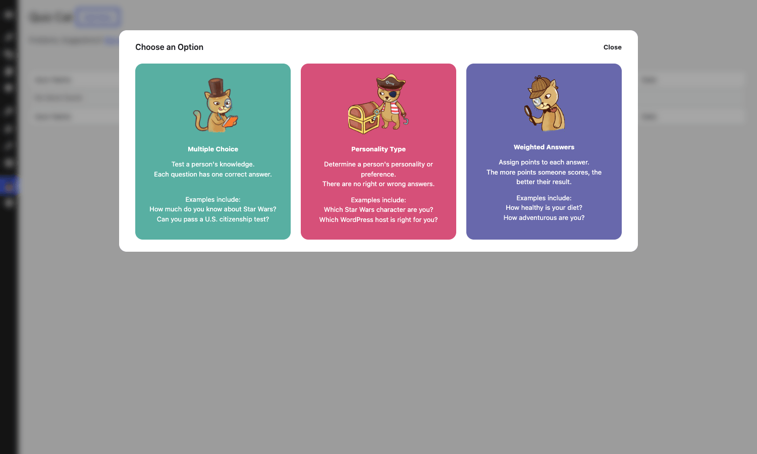 Three quiz types in Quiz Cat Elite Quiz Cat Elite quiz type selector showing Multiple Choice, Personality Type, and Weighted Answers options