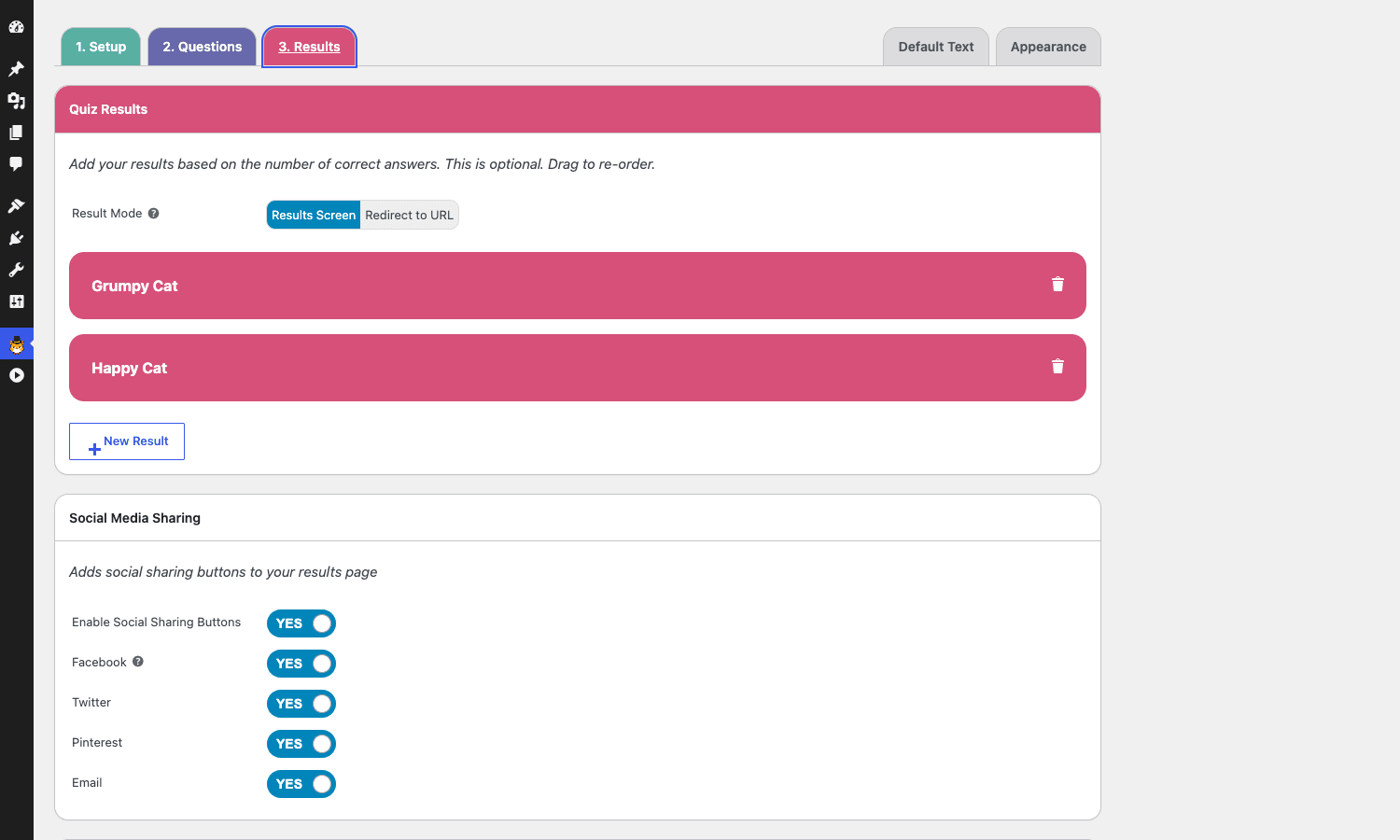 Results tab with multiple personality tiers and social-sharing toggles Quiz Cat Elite Results tab with two example result tiers (Grumpy Cat and Happy Cat) and Social Media Sharing toggles