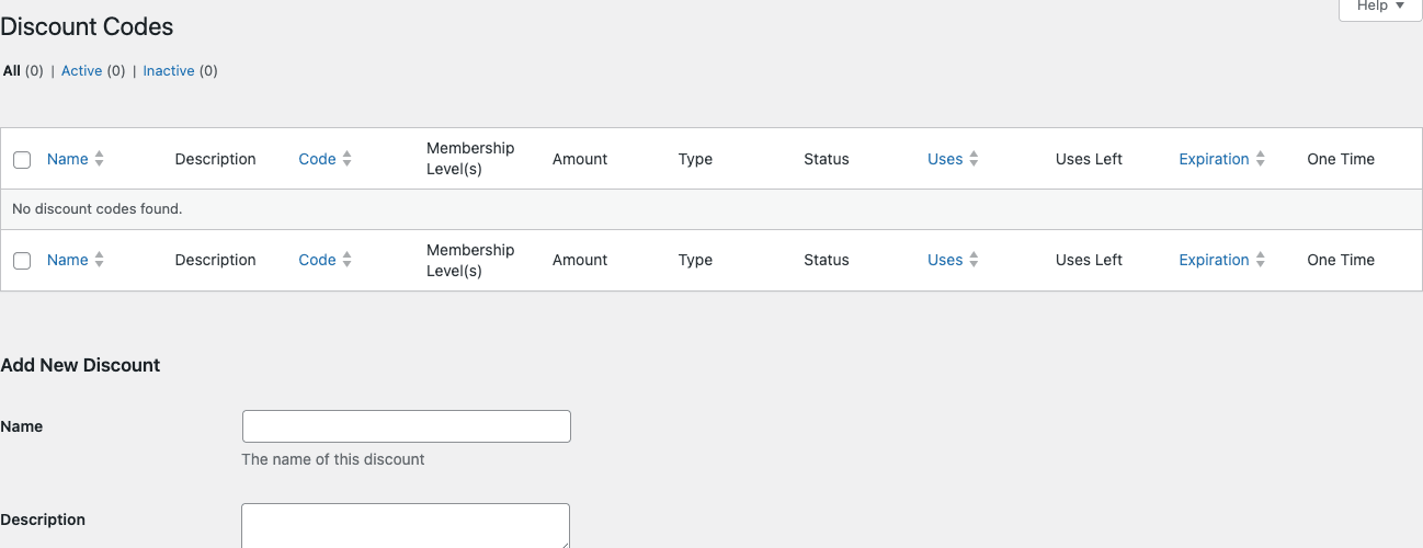 Restrict Content Pro Discount Codes admin page with empty list and Add Discount Code button