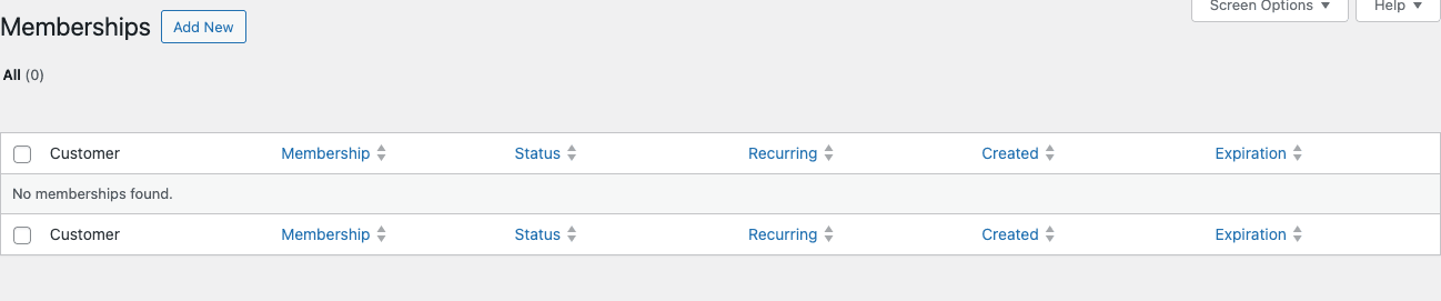 Restrict Content Pro Memberships page with empty table showing Customer, Membership, Status, Recurring, Created, Expiration columns and Add New button