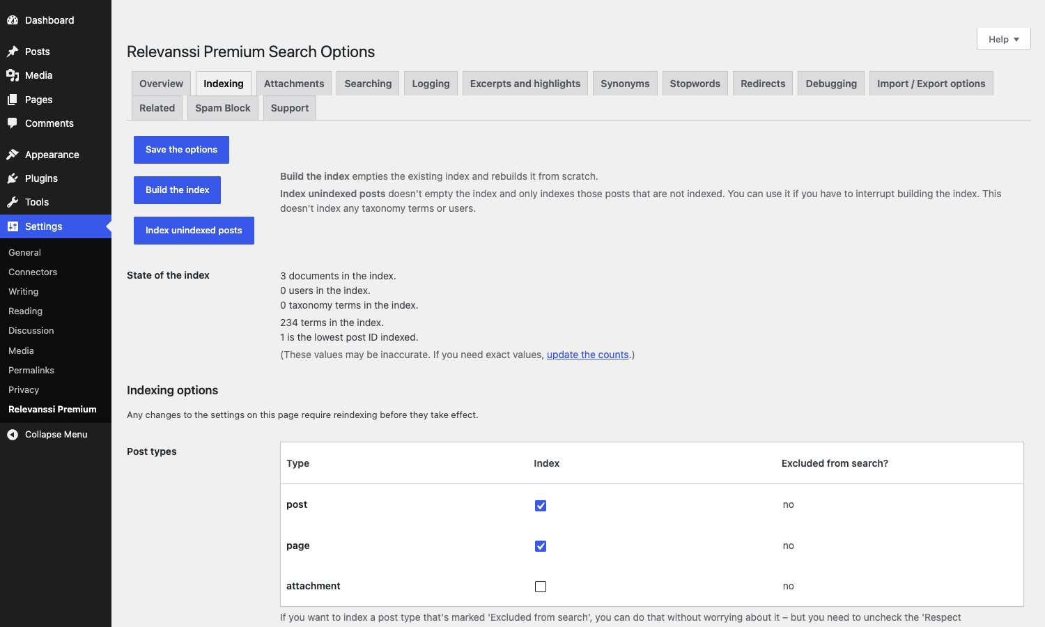 Indexing tab with post type selection, build button, and state of the index Relevanssi Premium Indexing tab