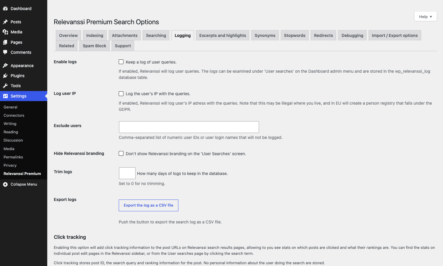 Logging tab with enable logs, log IP, exclude users, trim logs, and click tracking sections Relevanssi Premium Logging tab