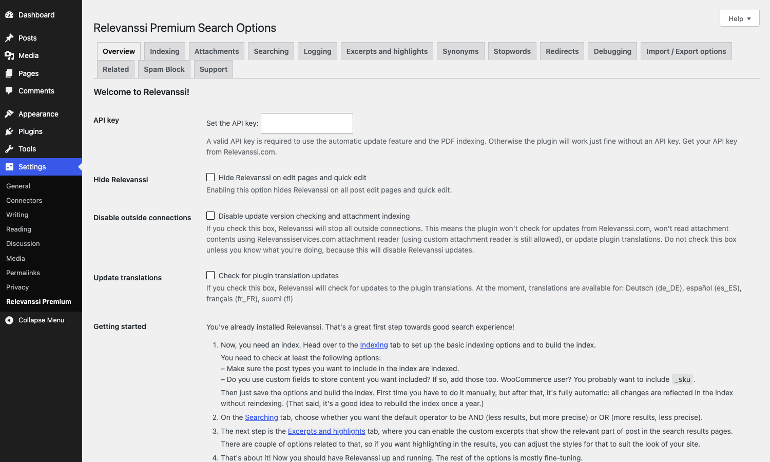 Overview tab with auto-update, hide branding, indexing options Relevanssi Premium Overview tab