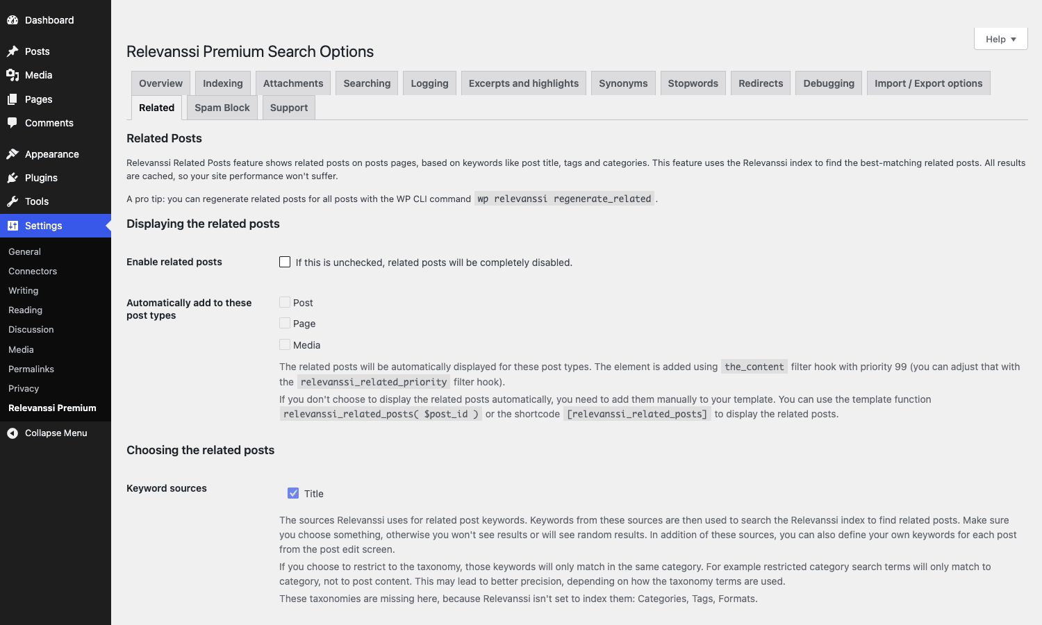 Related Posts tab with displaying options, post types, and keyword sources Relevanssi Premium Related tab