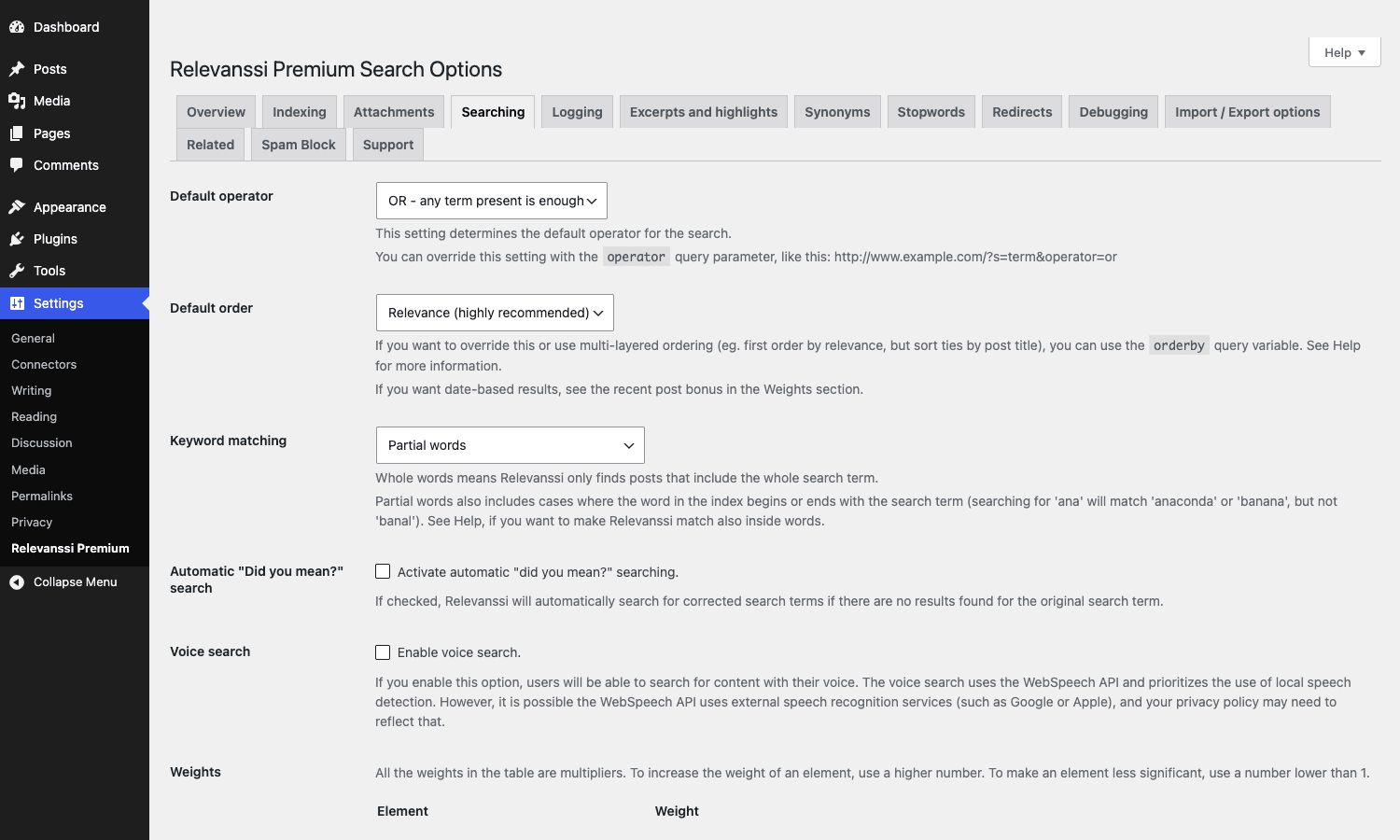 Searching tab showing operator, order, keyword matching, did-you-mean, voice search settings Relevanssi Premium Searching tab