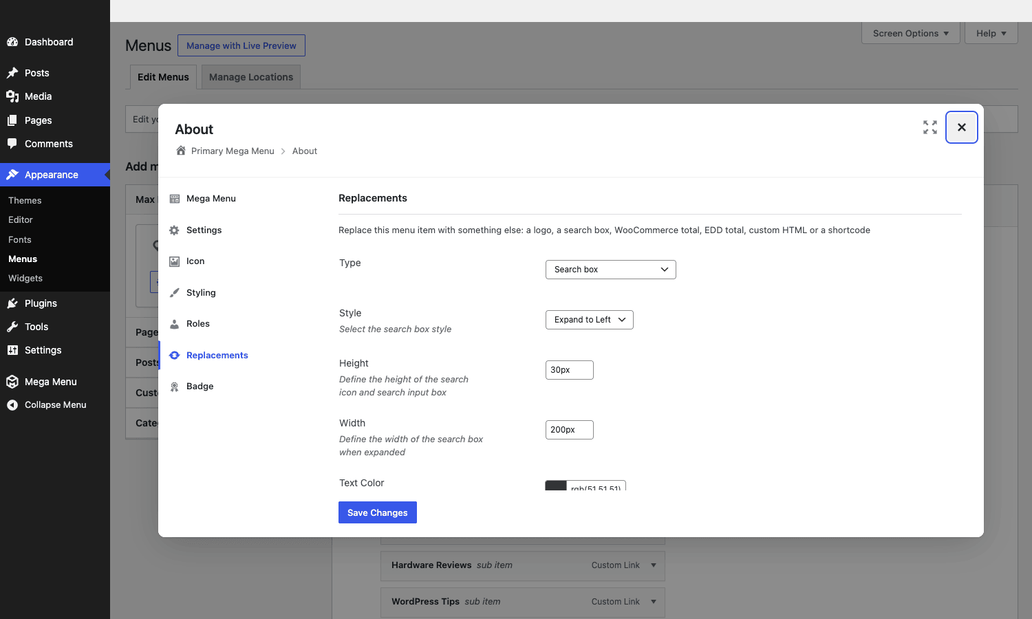 Replacements tab Replacements tab with Search box selected