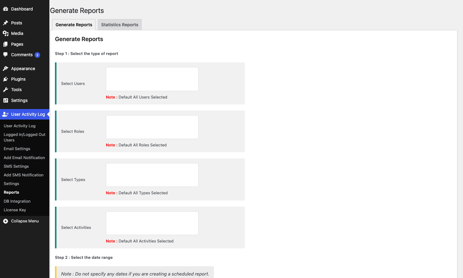 User Activity Log Pro reports and exports Reports page with filter options and format selection
