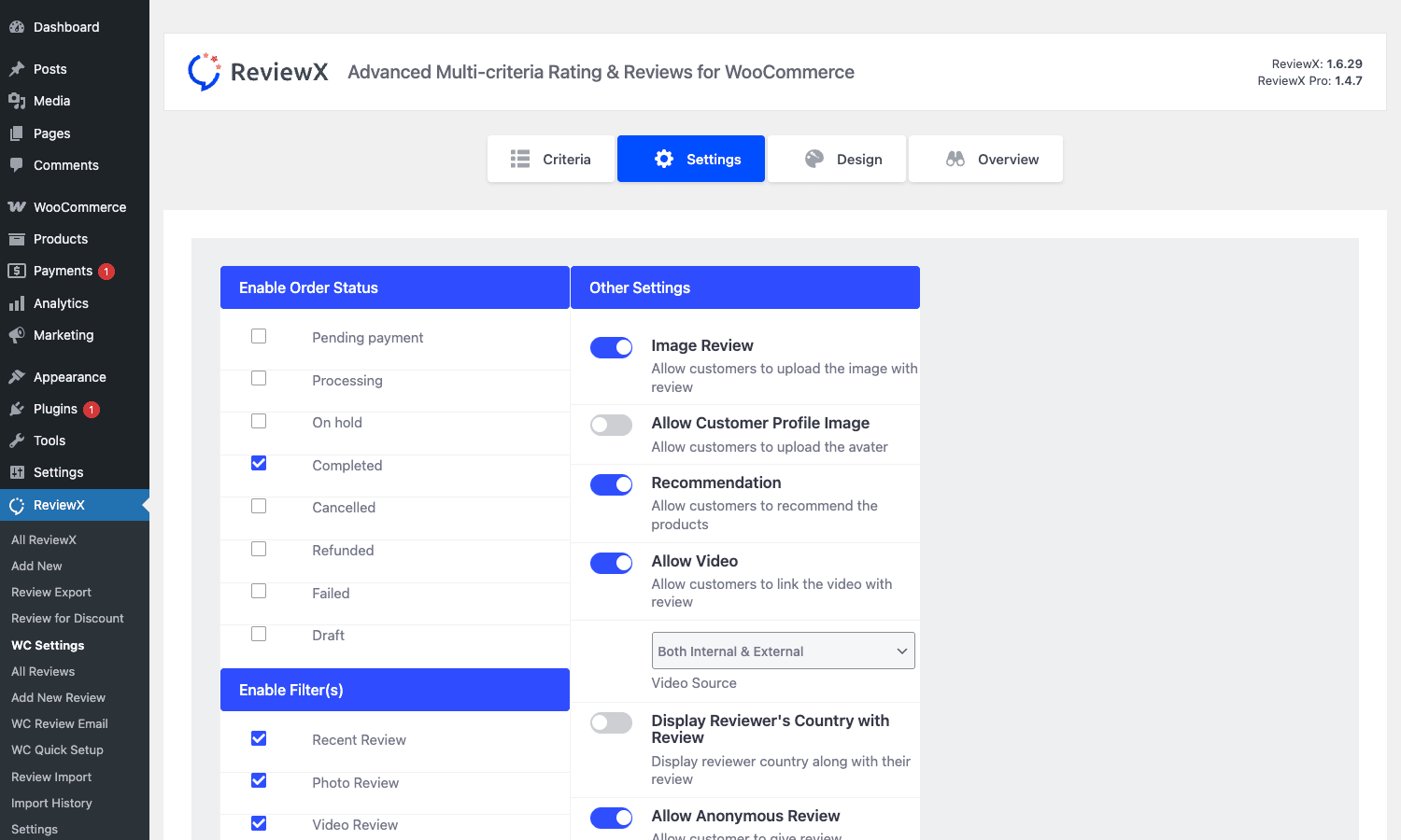 ReviewX Pro review settings and filters ReviewX Pro Other Settings panel with Image Review, Allow Video, and Recommendation toggles for WooCommerce
