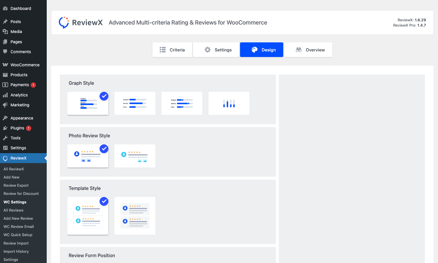 ReviewX Pro design and template picker ReviewX Pro Design tab showing Graph Style, Photo Review Style, and Template Style picker for the WooCommerce reviews section