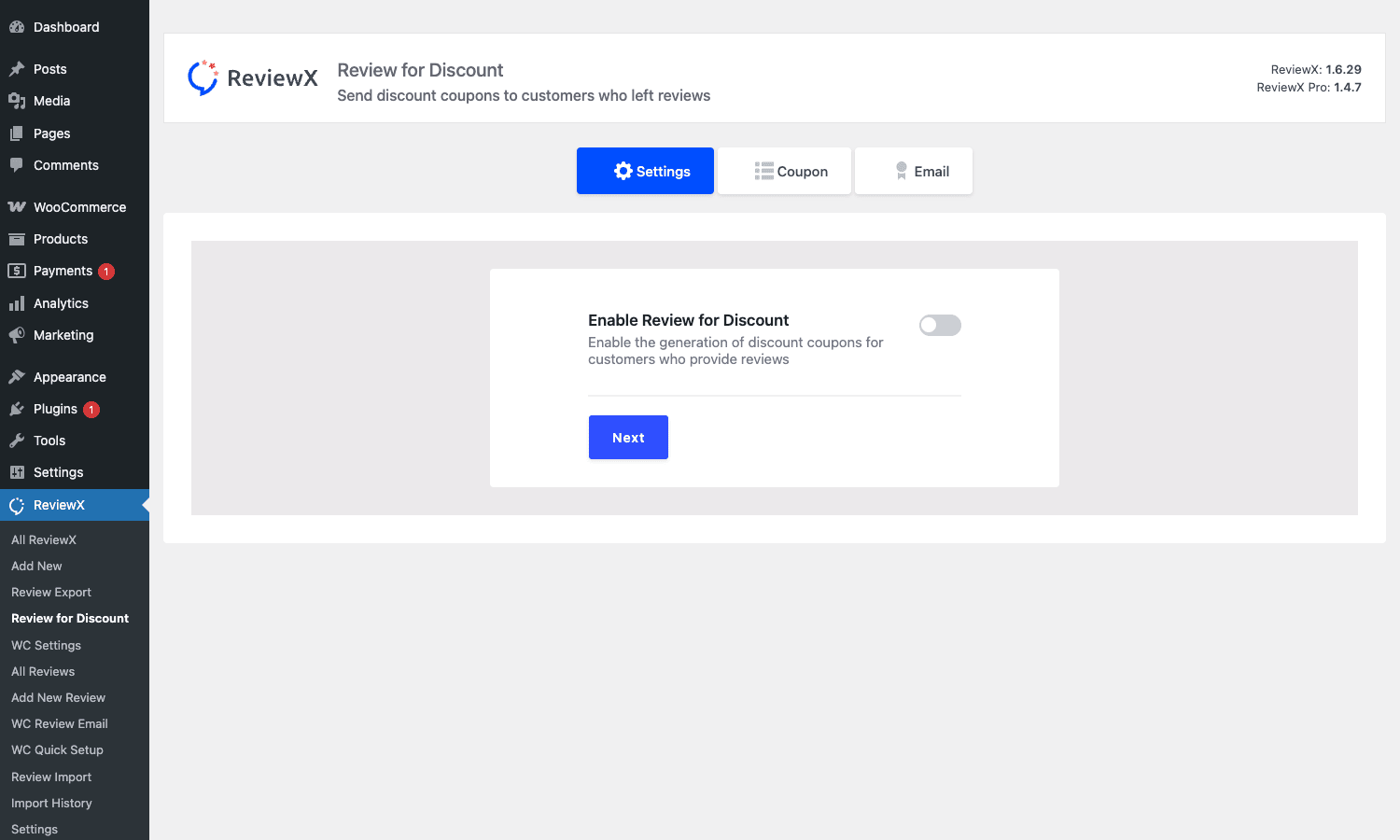 ReviewX Pro Review for Discount feature ReviewX Pro Review for Discount Settings panel for issuing WooCommerce coupons after a customer submits a review