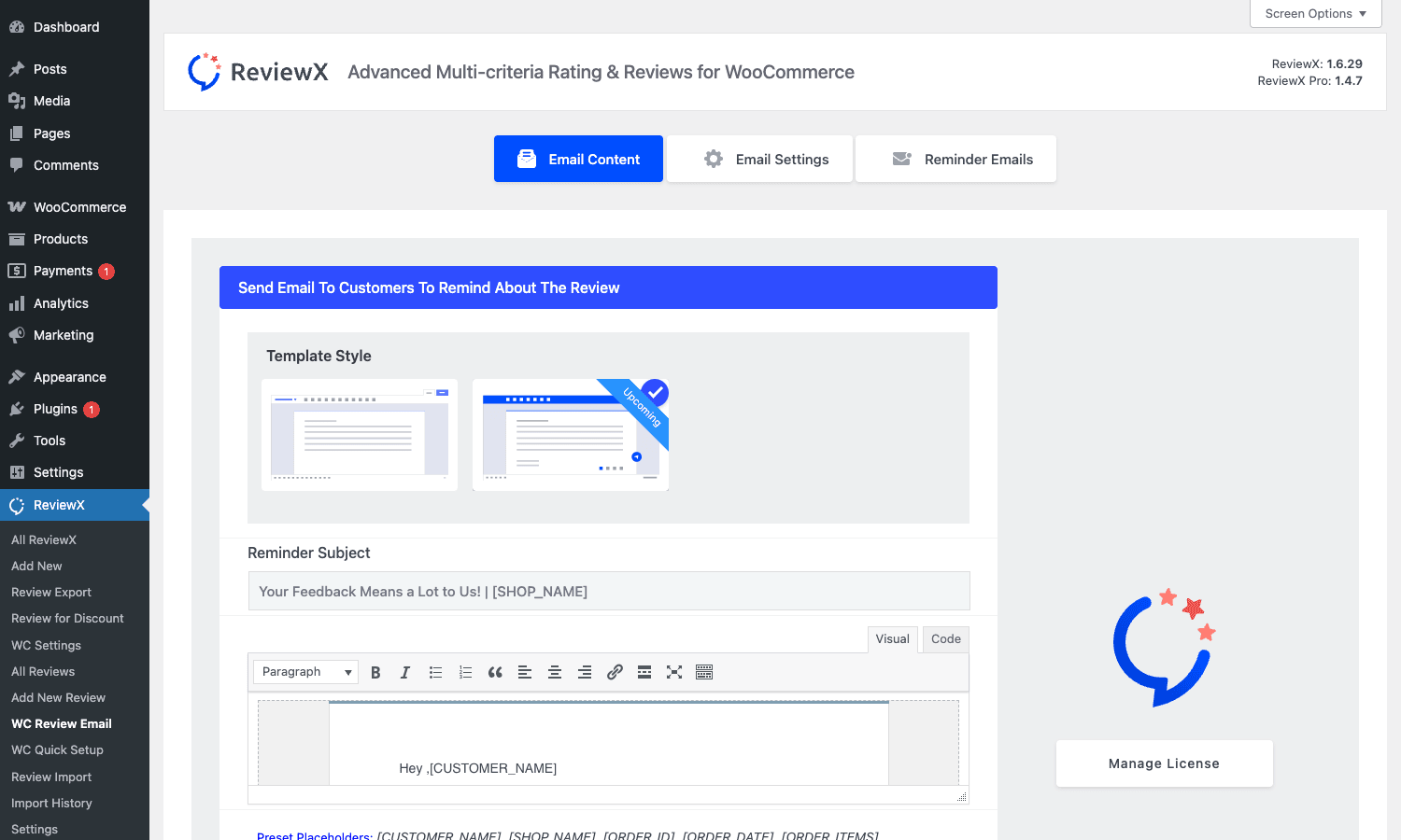 ReviewX Pro reminder email template editor ReviewX Pro Email Content editor with reminder subject and CUSTOMER_NAME placeholder for WooCommerce review reminder drips