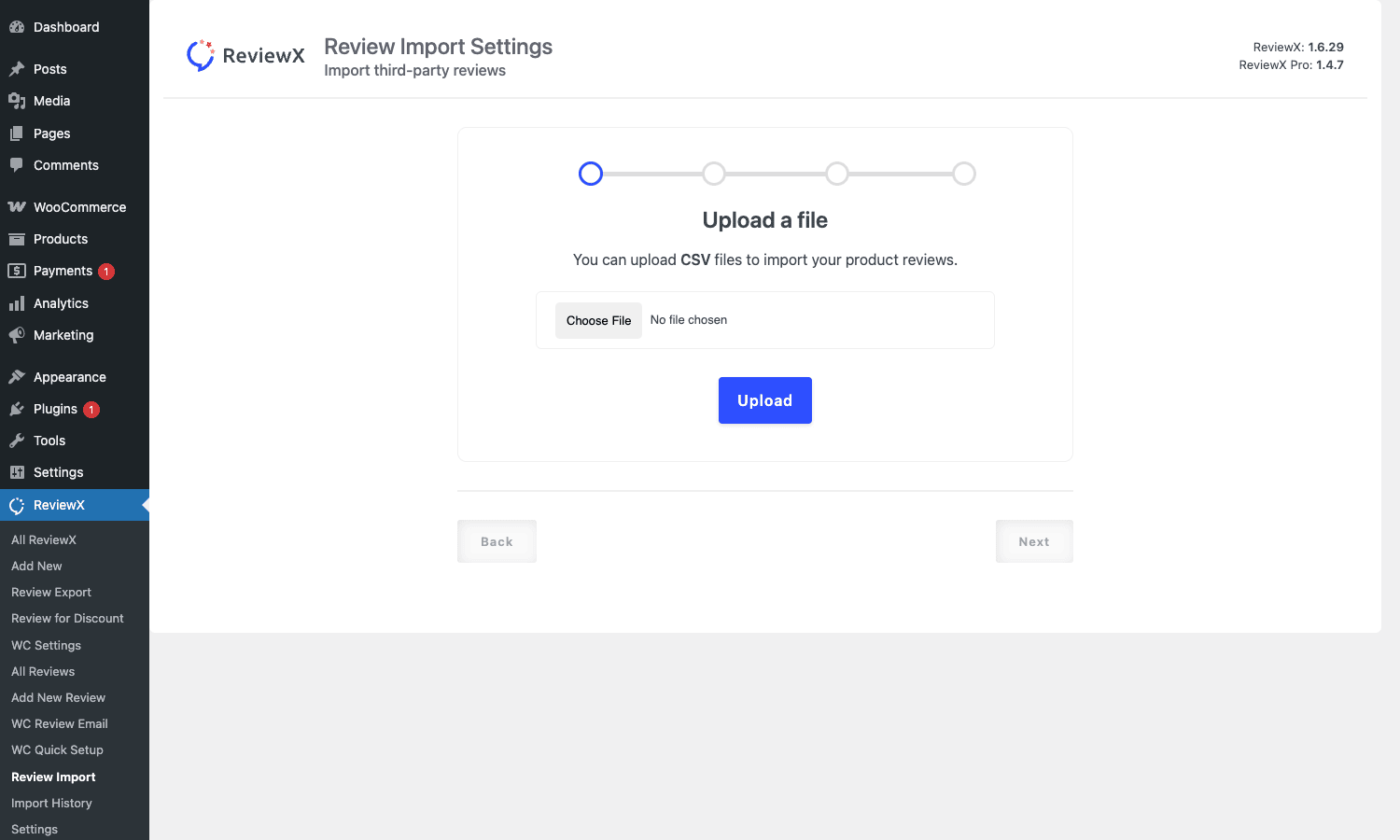 ReviewX Pro CSV review import wizard ReviewX Pro Review Import Settings step one with CSV upload field for importing reviews from Shopify Trustpilot or other platforms