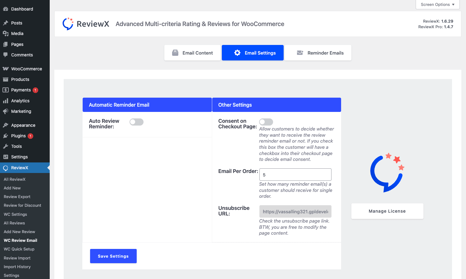 ReviewX Pro review reminder settings ReviewX Pro Auto Review Reminder settings with Email Per Order limit, checkout consent, and unsubscribe URL for WooCommerce drip reminders