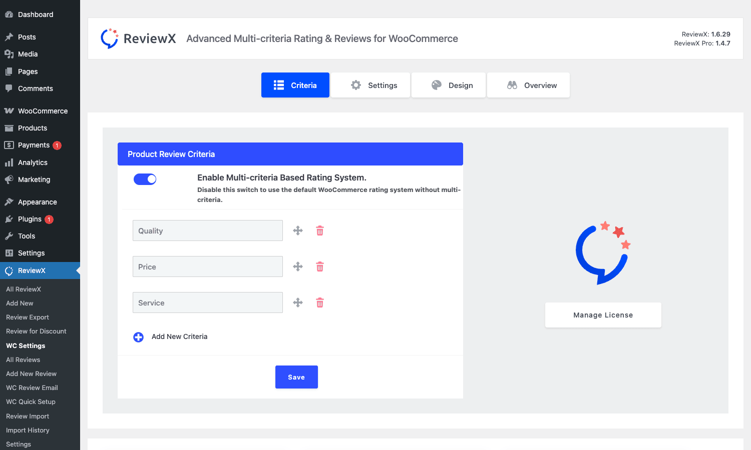 ReviewX Pro multi-criteria editor ReviewX Pro Criteria editor with Quality, Price, and Service axes defined for WooCommerce multi-criteria reviews