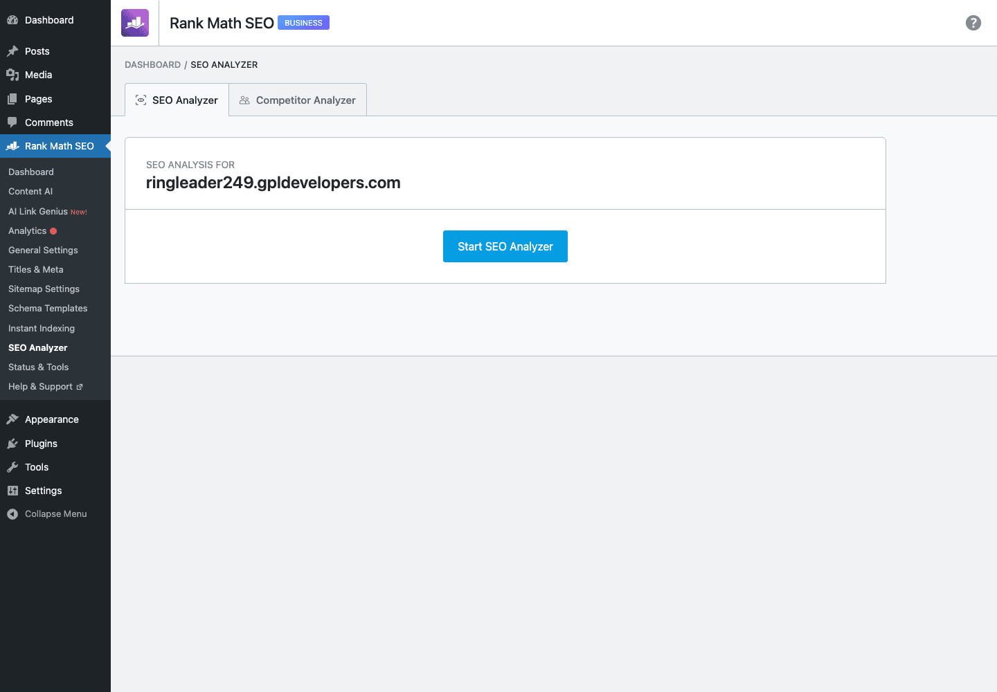 Rank Math SEO Analyzer running on a site checking basic SEO, advanced, performance, and security
