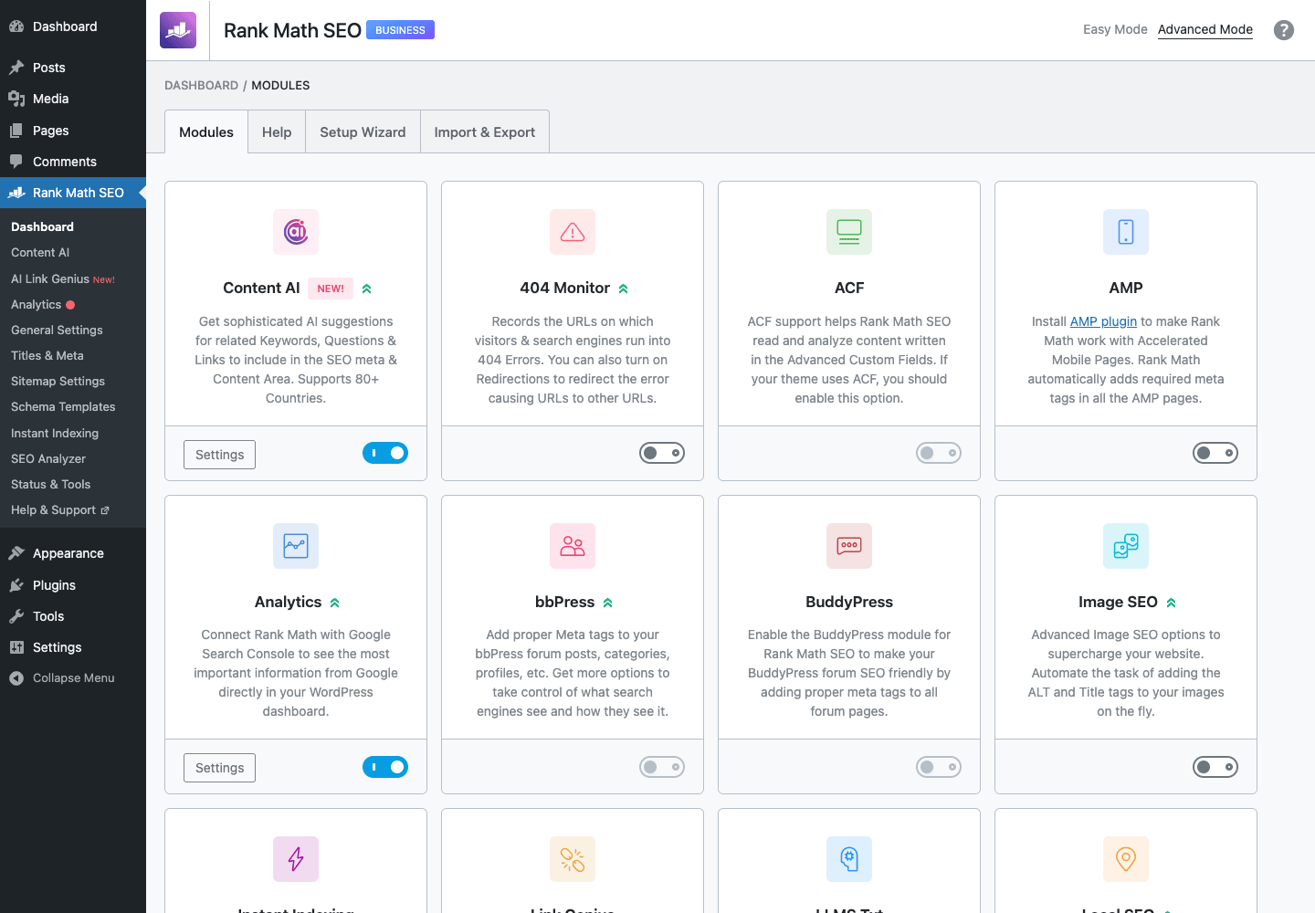 Rank Math SEO dashboard with modules grid for Content AI, 404 Monitor, Analytics, and more