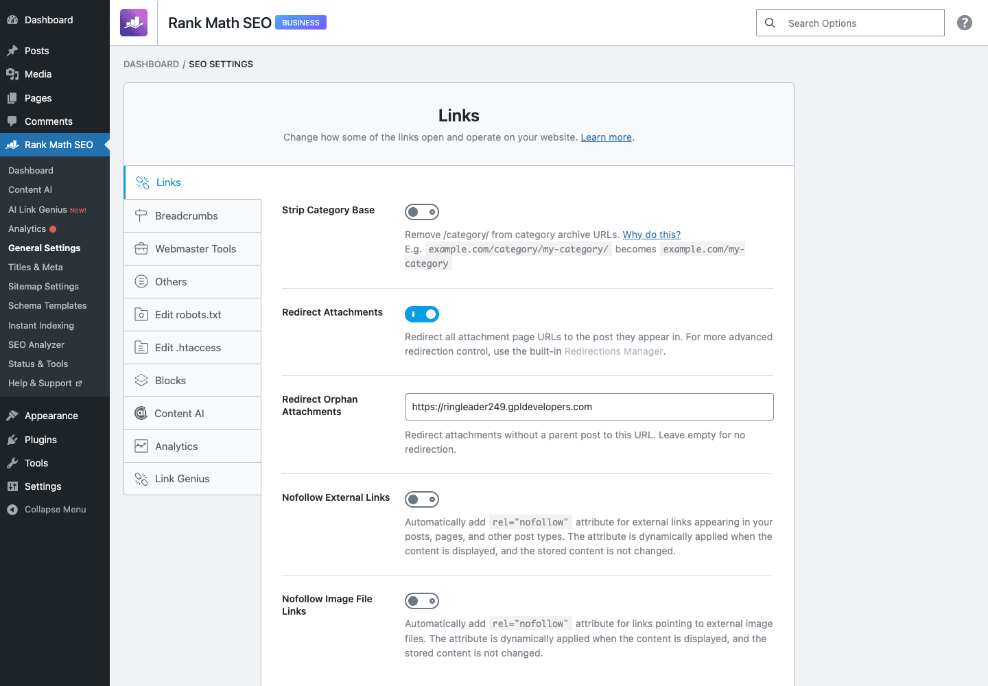 Rank Math SEO General Settings page with links, breadcrumbs, images, and webmaster tools