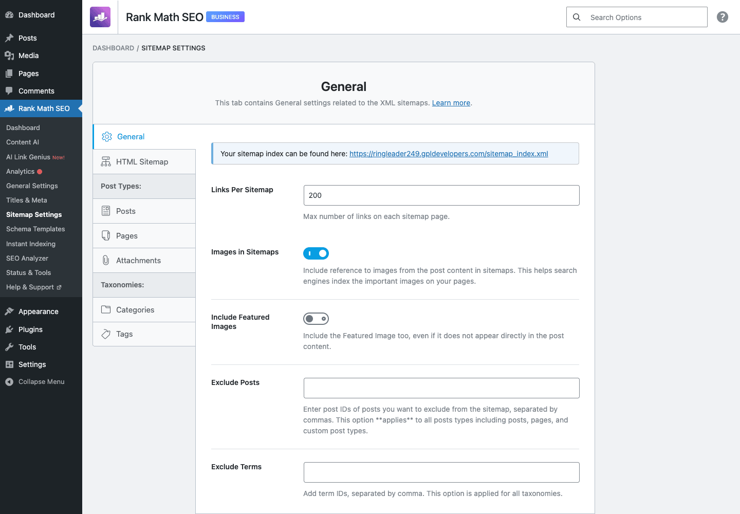 Sitemap Settings Rank Math SEO Sitemap Settings with general, post types, taxonomies, and authors panels