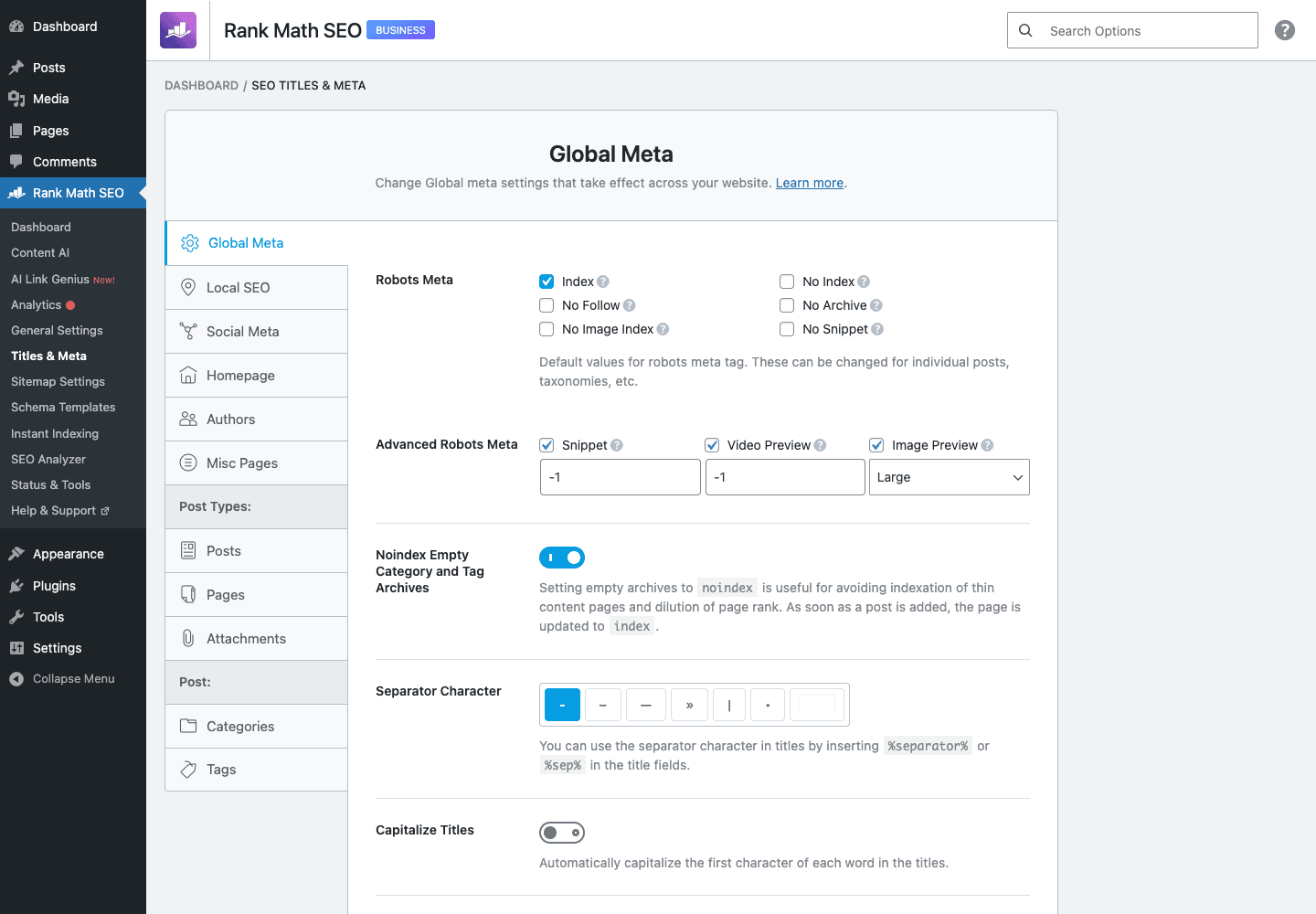 Titles and Meta Rank Math SEO Titles and Meta settings for content types, archives, and snippet types