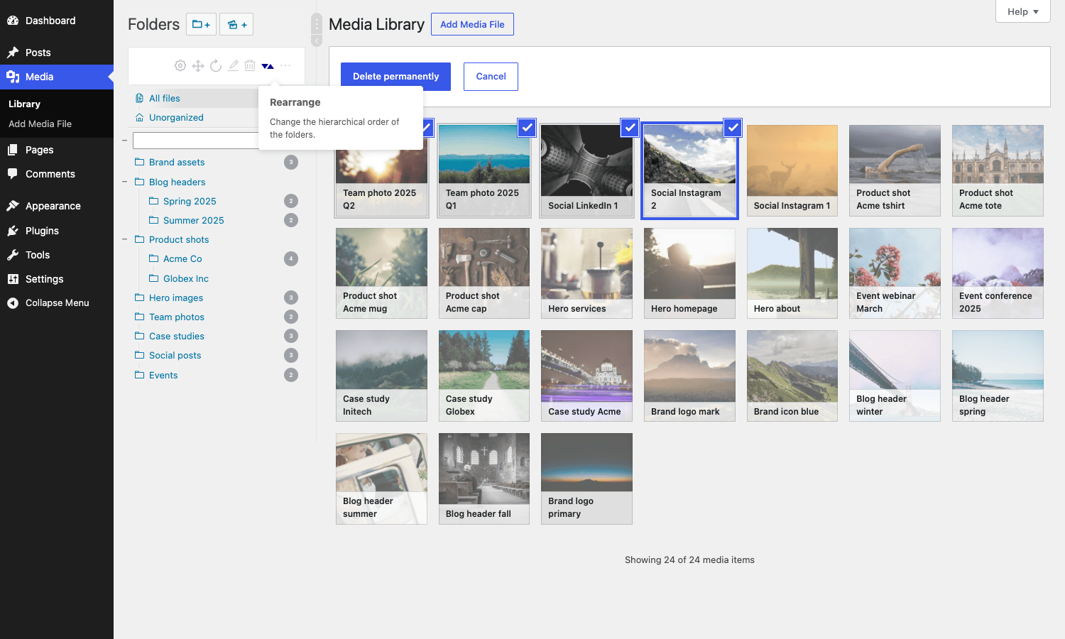 Real Media Library bulk select with multiple attachments Real Media Library bulk select mode with four images selected