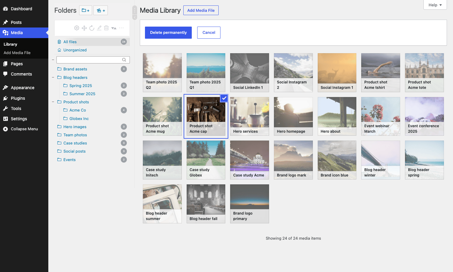Real Media Library media grid with folder tree sidebar Real Media Library grid view with folder tree