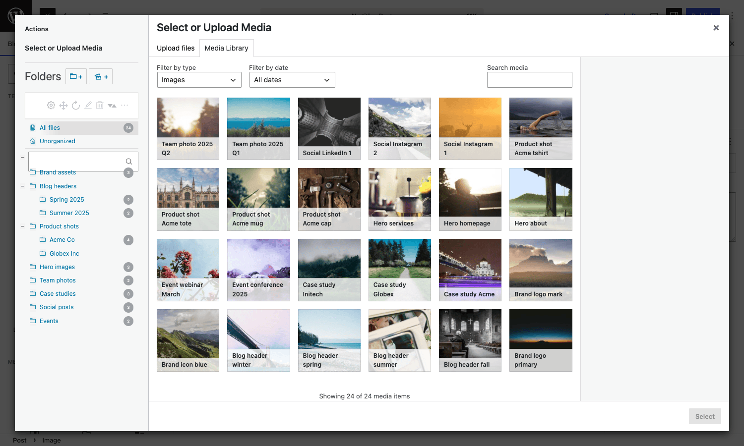 Real Media Library folder tree in Gutenberg media picker modal Real Media Library folder tree in the Gutenberg media picker