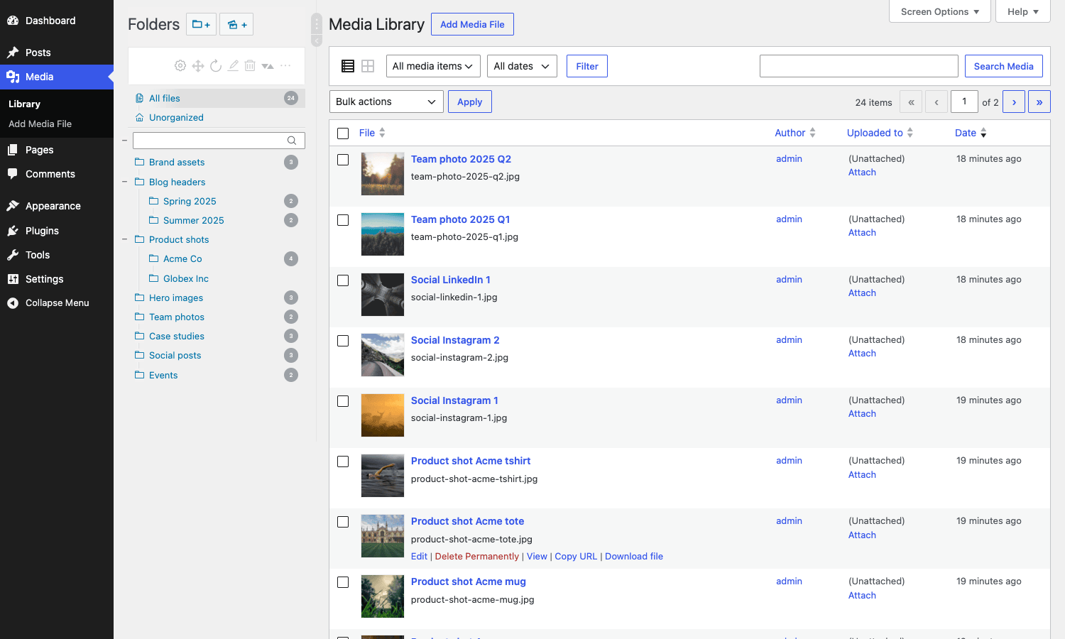 Real Media Library list view with sidebar folder tree Real Media Library list view with folder counts