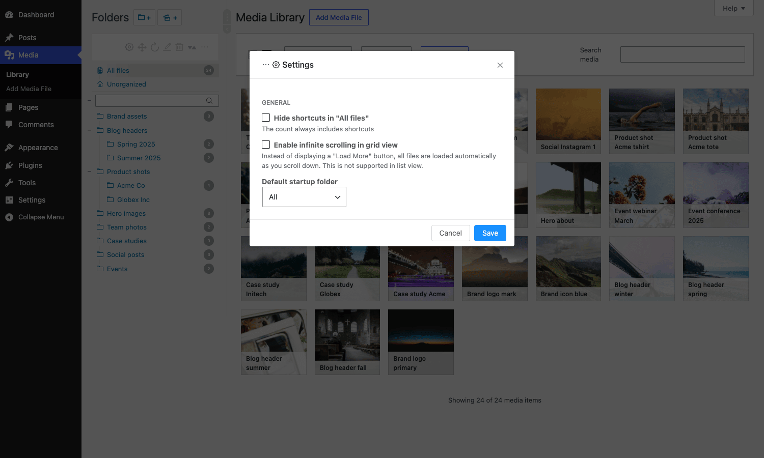 Real Media Library settings dialog Real Media Library settings dialog with general options