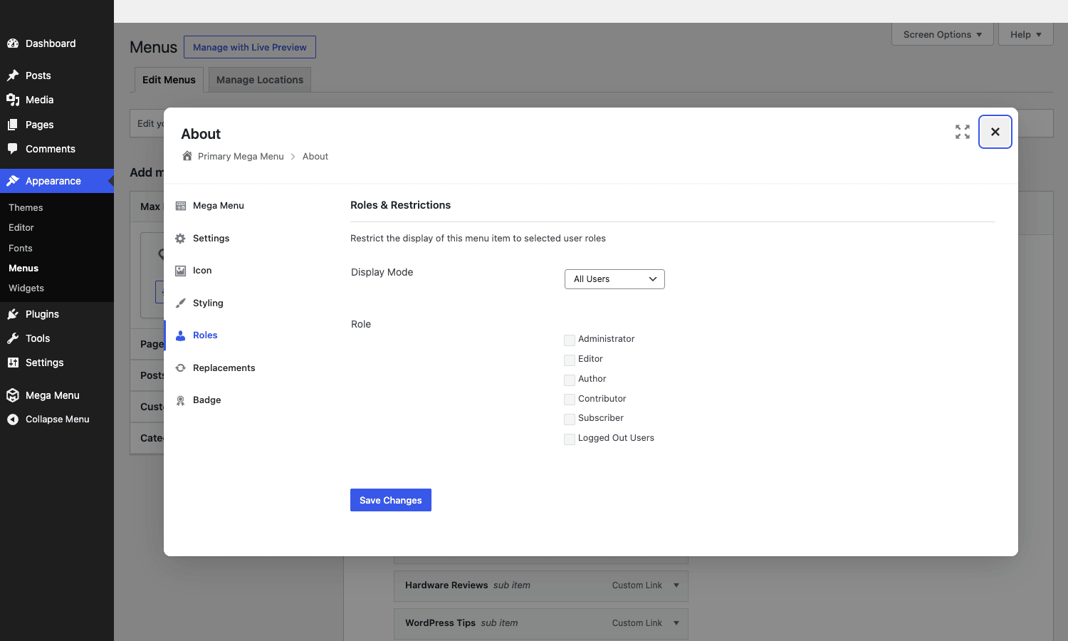 Pro Roles tab Roles and Restrictions tab in the per-item modal