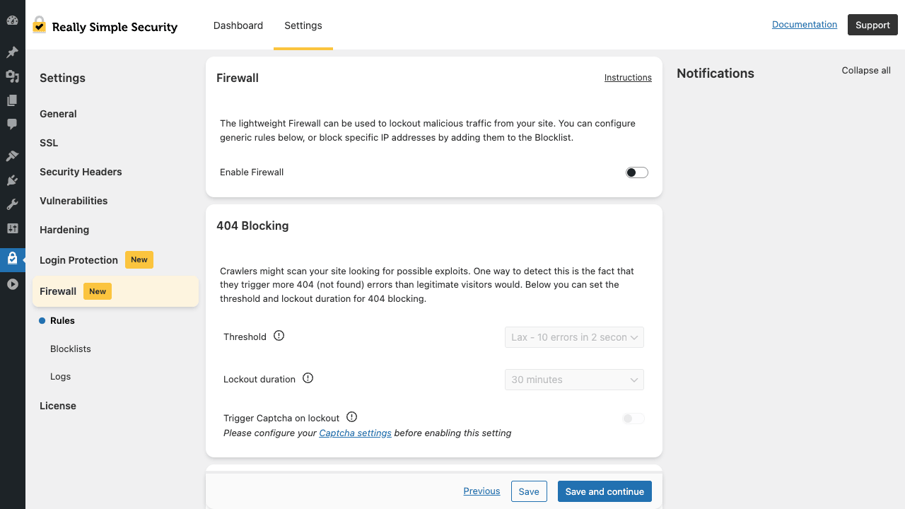 Really Simple Security Firewall settings showing Enable Firewall toggle, intro text about lightweight firewall, plus a 404 Blocking section explaining auto-detection of crawler 404 abuse with Threshold dropdown (Lax 10 errors in 2 seconds), Lockout duration (30 minutes), and Trigger Captcha on lockout toggle. Left sidebar shows Firewall section expanded with Rules (active) Blocklists and Logs sub-tabs