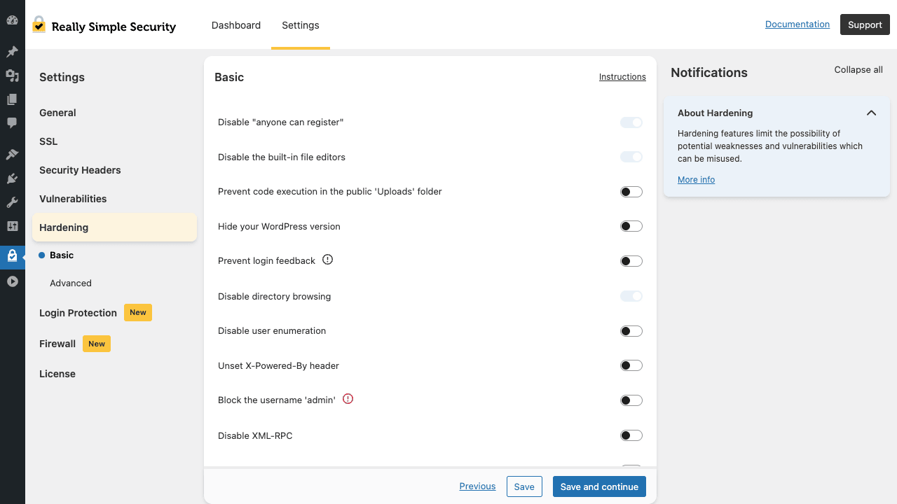 Really Simple Security Hardening Basic settings page showing toggles for Disable anyone can register, Disable the built-in file editors, Prevent code execution in the public Uploads folder, Hide your WordPress version, Prevent login feedback, Disable directory browsing (active), Disable user enumeration, Unset X-Powered-By header, Block the username admin, and Disable XML-RPC. Left sidebar shows Hardening section expanded with Basic (active) and Advanced sub-tabs, plus other settings categories