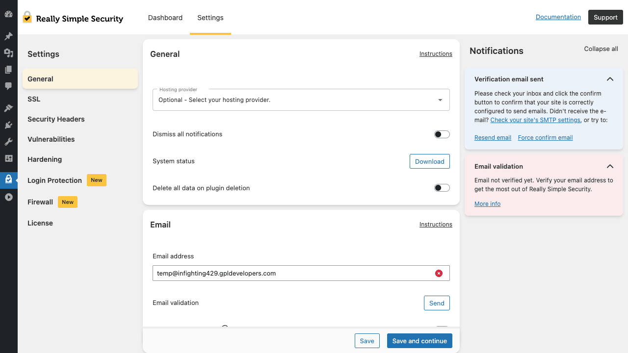 Really Simple Security Settings page with left sidebar showing General (active), SSL, Security Headers, Vulnerabilities, Hardening, Login Protection (New), Firewall (New), License categories, plus General settings panel on the right with Hosting provider dropdown, Dismiss all notifications toggle, System status with Download button, Delete all data on plugin deletion toggle, Email section with Email address field and Email validation Send button, plus Notifications panel on the right showing Verification email sent and Email validation status