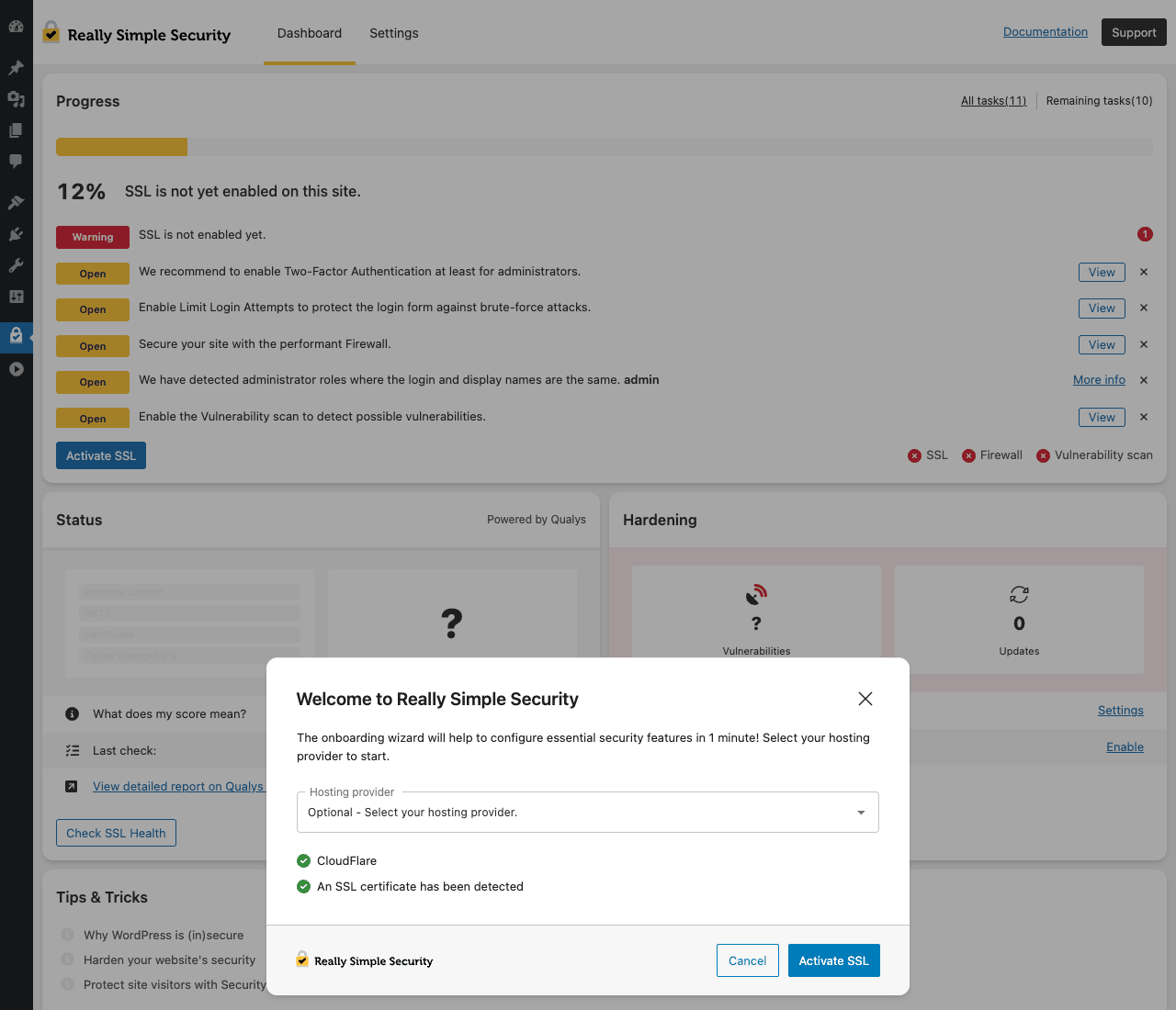 Really Simple Security dashboard showing Progress section with 12% completion, Warning that SSL is not enabled yet, 5 Open tasks (enable Two-Factor Authentication, Limit Login Attempts, Firewall, admin role detection, Vulnerability scan), Activate SSL button, Status panel powered by Qualys, and Hardening panel, plus a Welcome to Really Simple Security wizard popup with Hosting provider dropdown, CloudFlare detected and SSL certificate detected confirmations, and Cancel/Activate SSL buttons