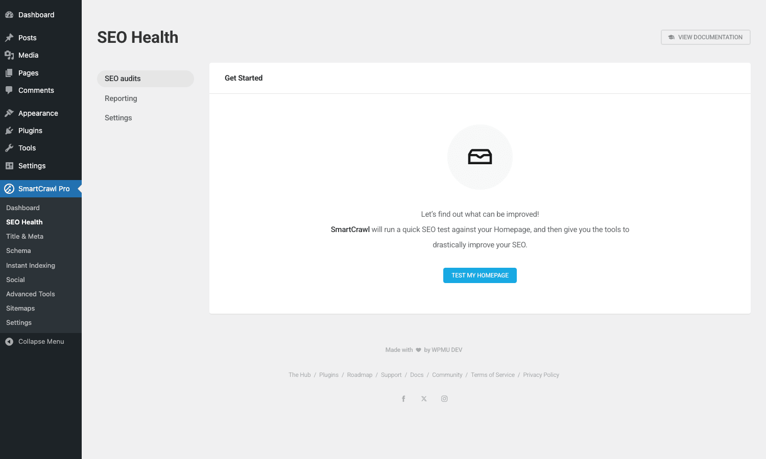 SmartCrawl Pro SEO Health audit page with audit status, issue counts, and recommendation list SmartCrawl Pro SEO Health audit