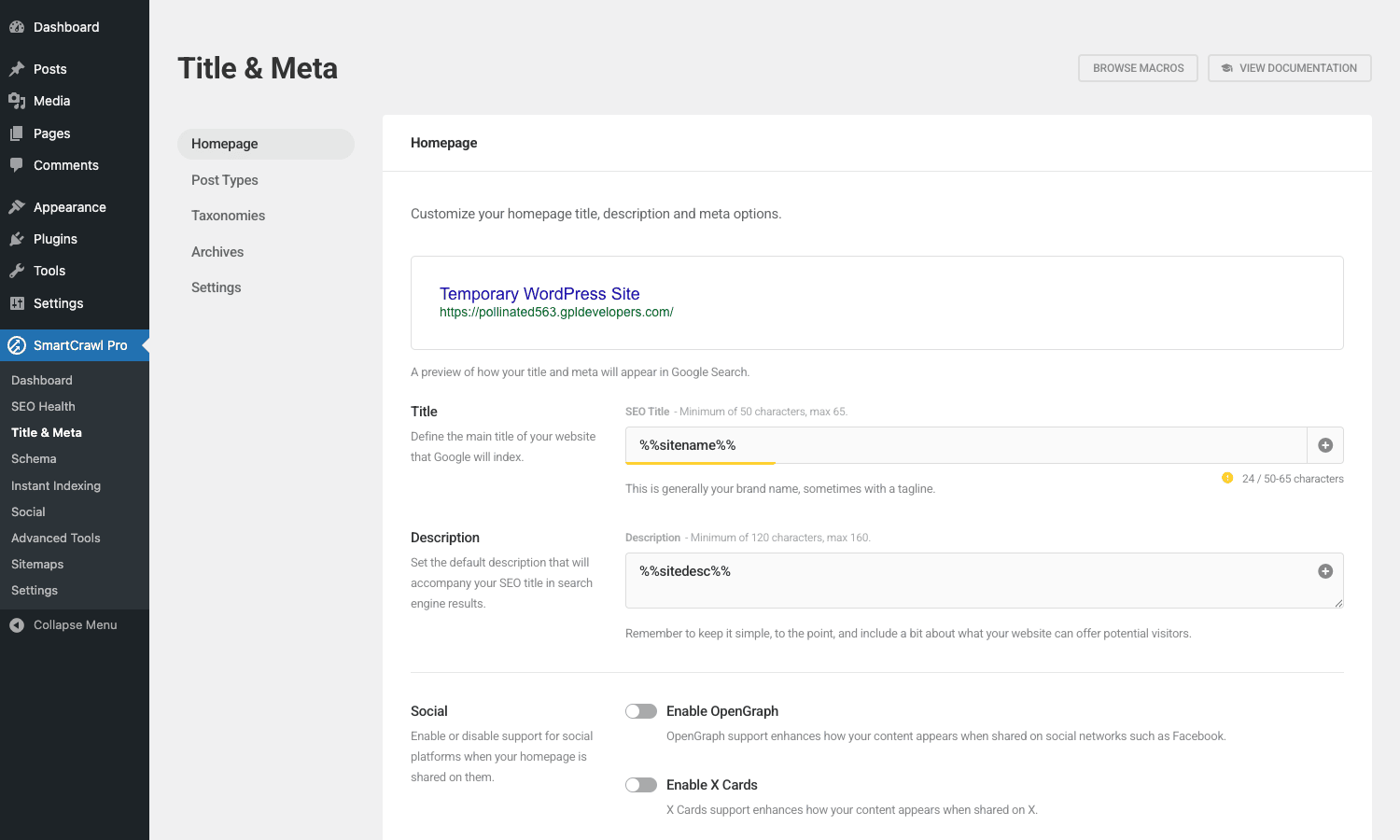 SmartCrawl Pro Title and Meta on-page configuration with post type templates and merge tag variables SmartCrawl Pro Title and Meta on-page analysis