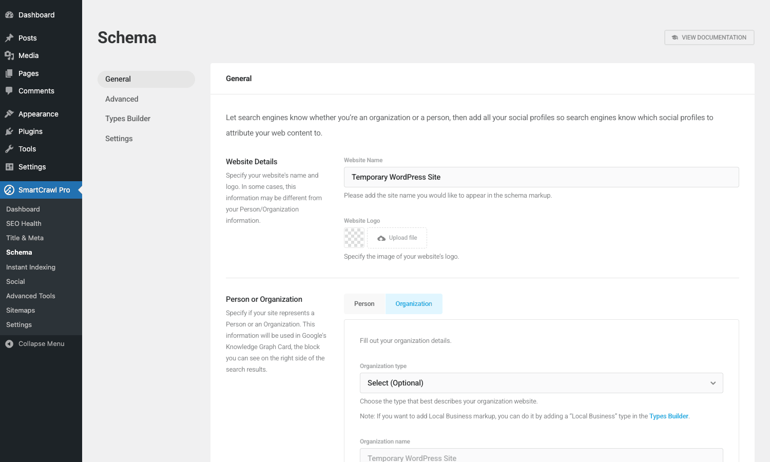 SmartCrawl Pro Schema admin page with schema type templates for posts, pages, products, custom types SmartCrawl Pro Schema markup configuration