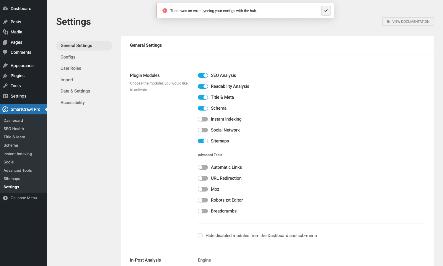 SmartCrawl Pro Settings page with general configuration toggles SmartCrawl Pro Settings page
