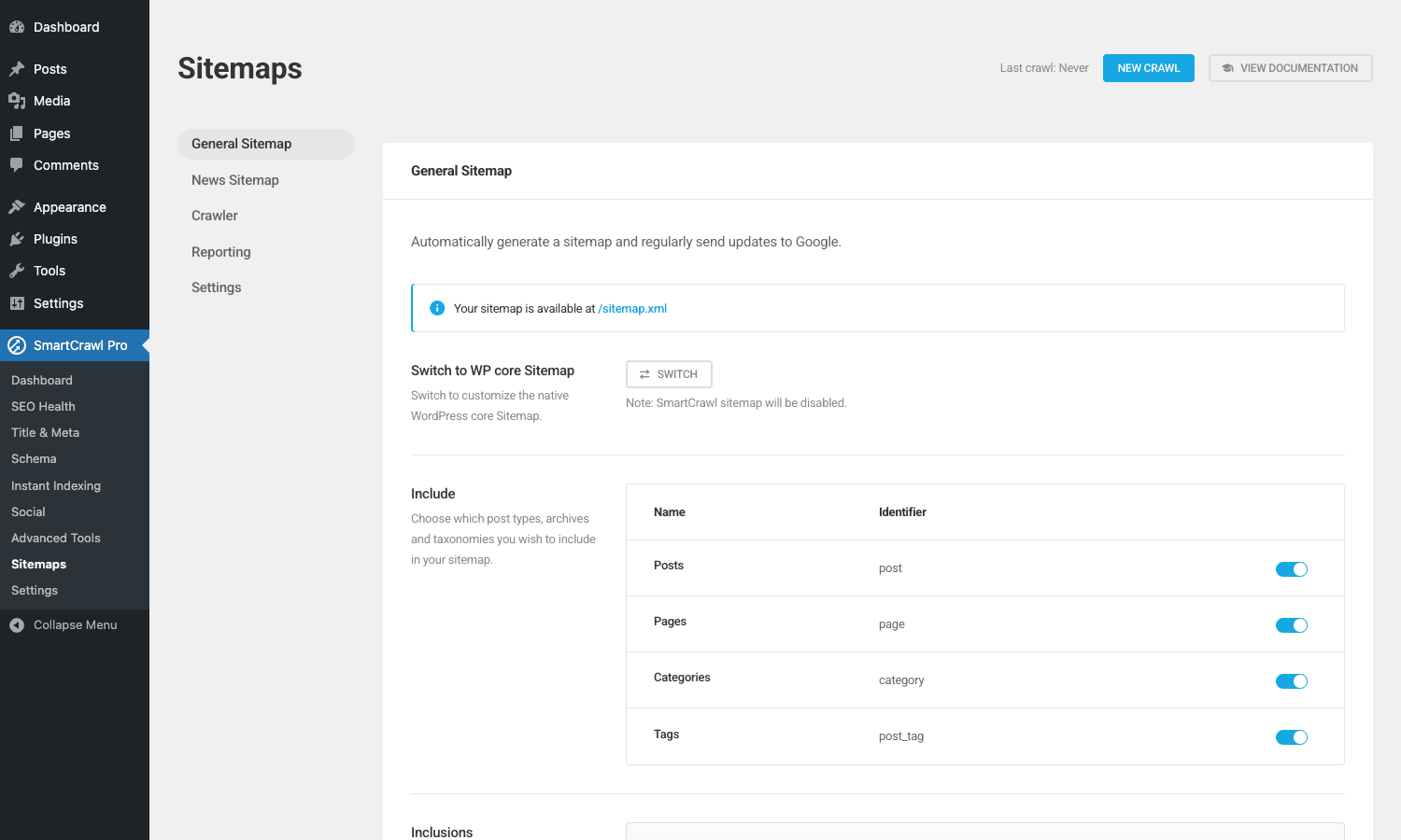 SmartCrawl Pro Sitemaps admin page with sitemap URL, post types, taxonomies, and exclusion controls SmartCrawl Pro Sitemaps configuration