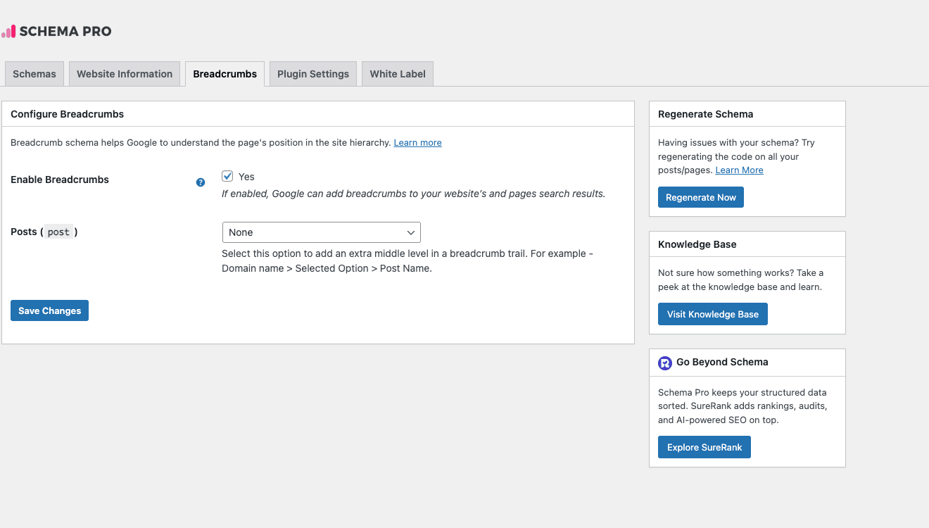 Schema Pro Breadcrumbs tab with Configure Breadcrumbs section showing Enable Breadcrumbs toggle (Yes), Posts dropdown for adding middle level (e.g. category in breadcrumb trail)