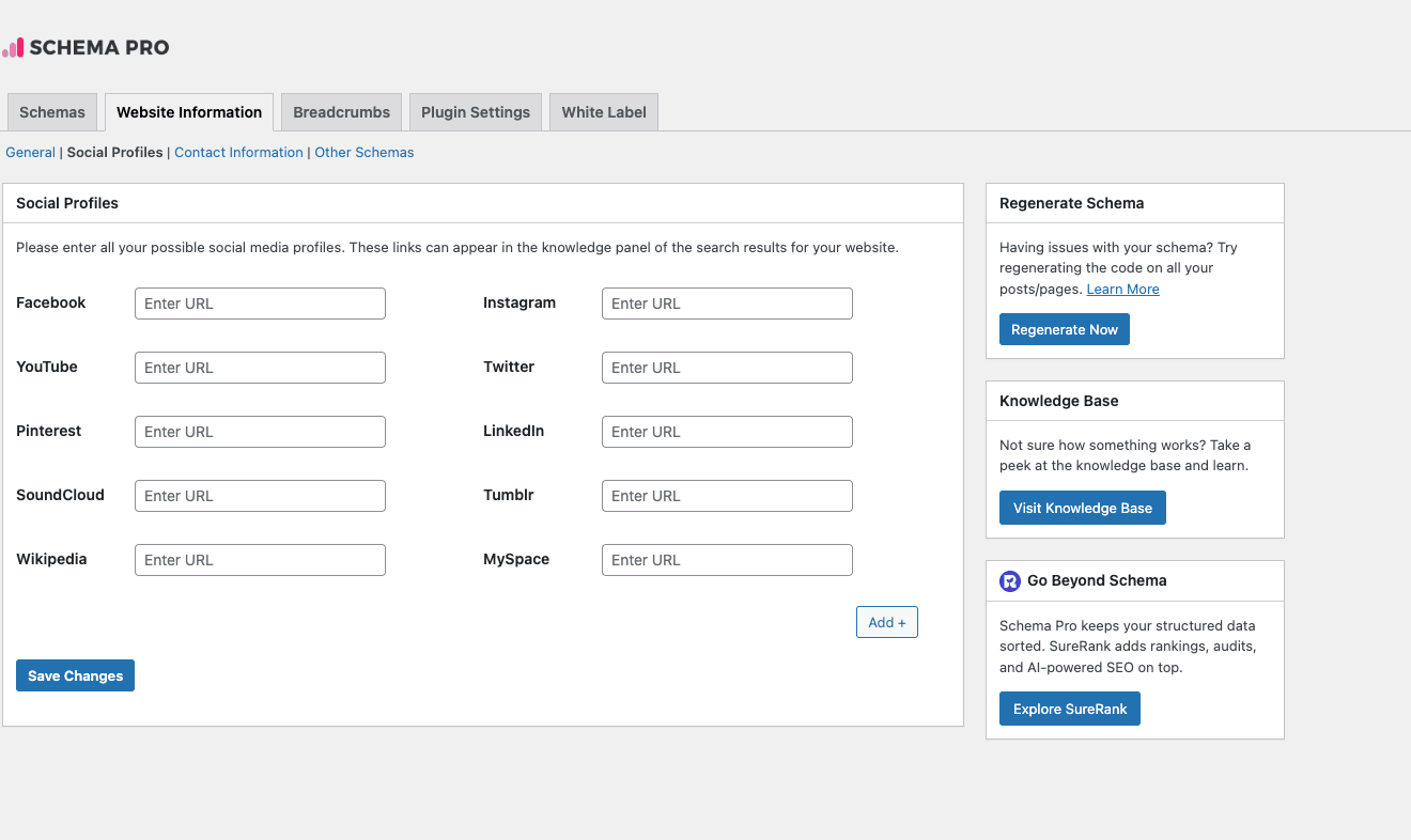 Schema Pro Social Profiles tab with Facebook, Instagram, YouTube, Twitter, Pinterest, LinkedIn, SoundCloud, Tumblr, Wikipedia, MySpace URL fields and Add+ button for more