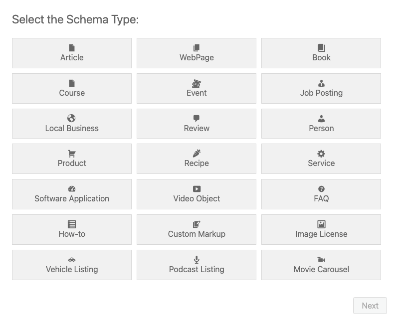 Schema Pro Select Schema Type screen with 21 schema type cards: Article, WebPage, Book, Course, Event, Job Posting, Local Business, Review, Person, Product, Recipe, Service, Software Application, Video Object, FAQ, How-to, Custom Markup, Image License, Vehicle Listing, Podcast Listing, Movie Carousel