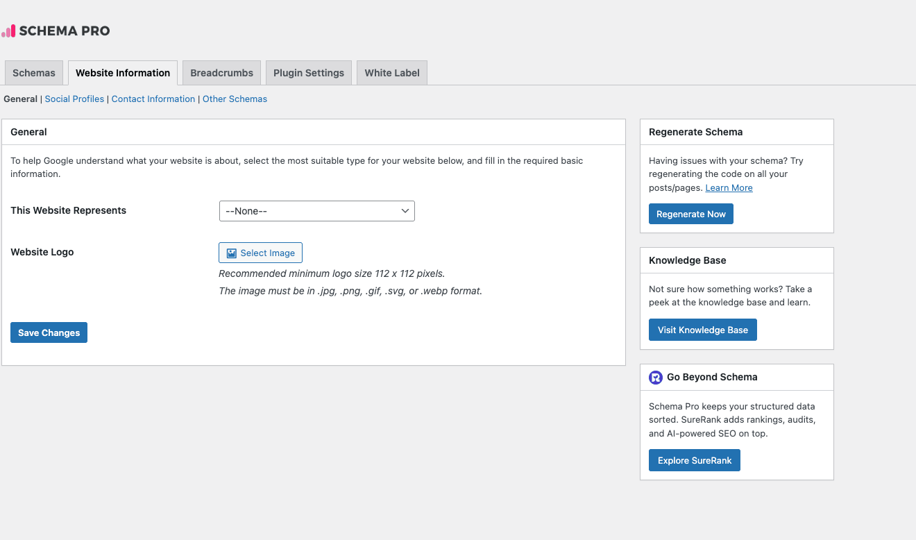 Schema Pro Website Information tab with sub-tabs General/Social Profiles/Contact Information/Other Schemas, showing This Website Represents dropdown and Website Logo selector