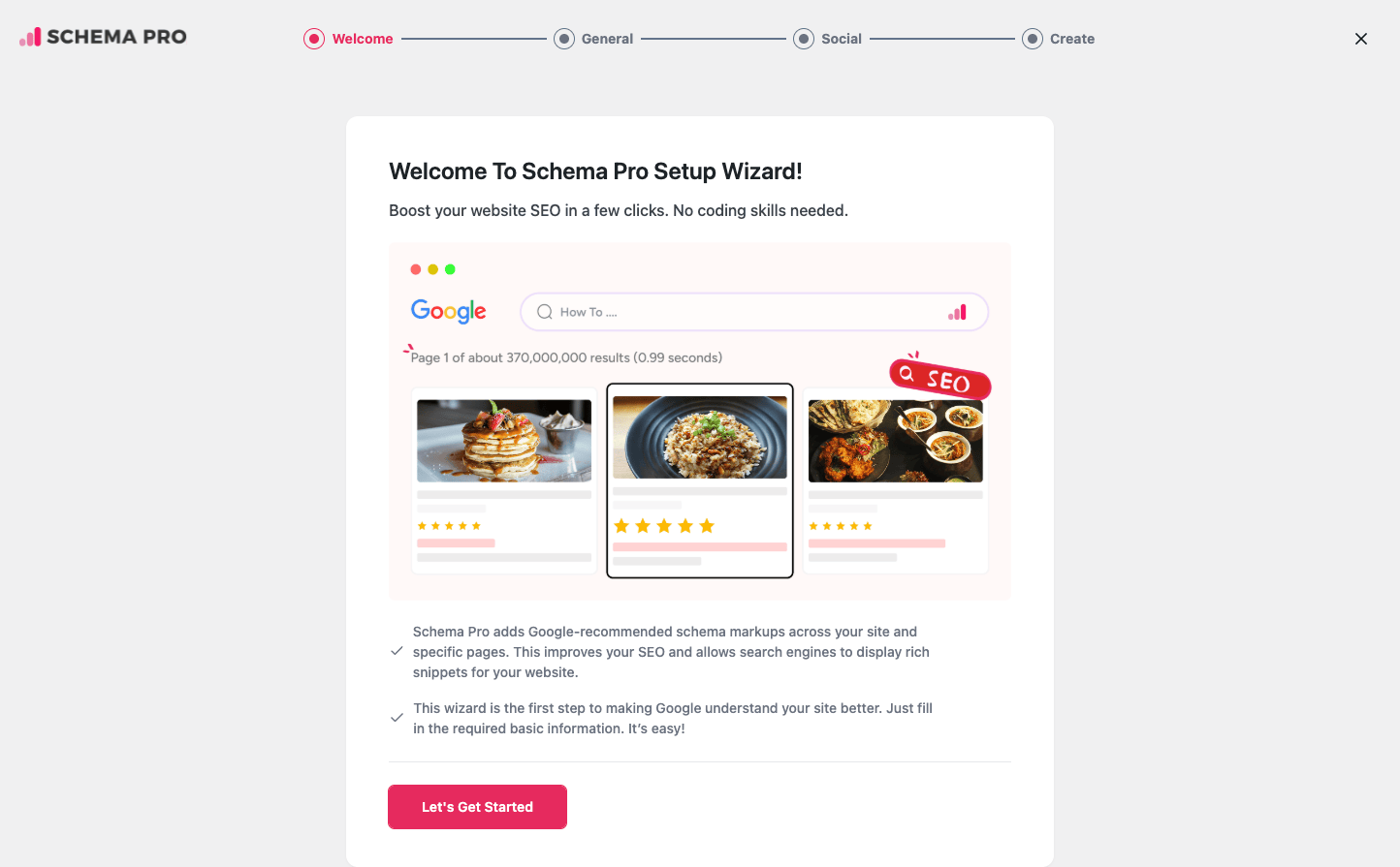 Schema Pro setup wizard Welcome screen with Google search mockup showing rich snippet result with stars and image, plus Lets Get Started button