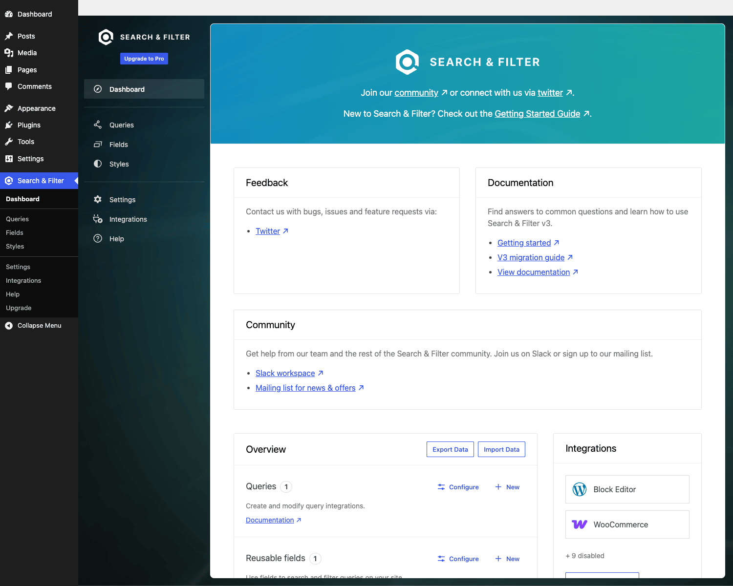 Search & Filter Pro Dashboard Search & Filter Pro Dashboard with empty Queries and Fields counts