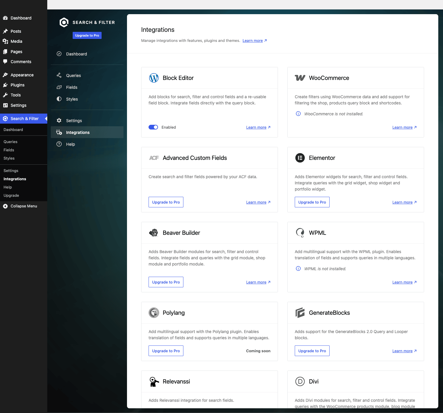 Integrations grid Integrations grid with cards for Block Editor, WooCommerce, ACF, Elementor, Beaver Builder, WPML, Polylang, GenerateBlocks, Relevanssi, and Divi