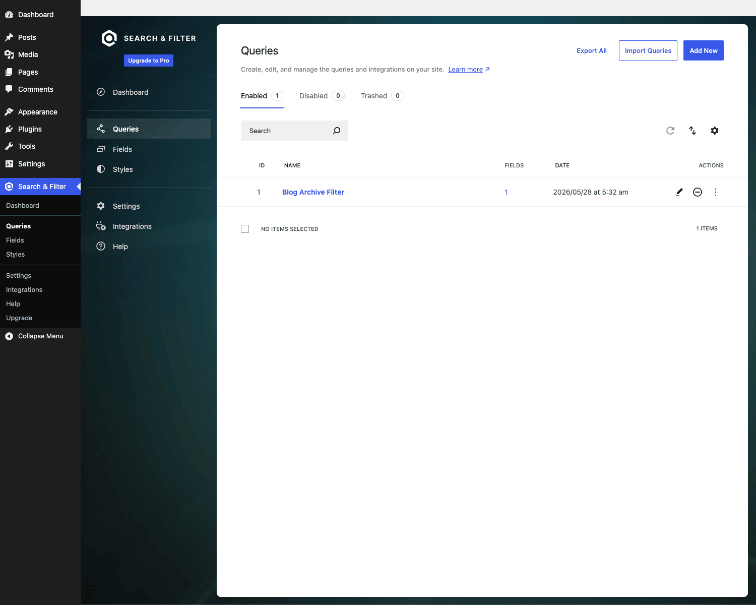 Queries list Queries list with one example filter named Blog Archive Filter