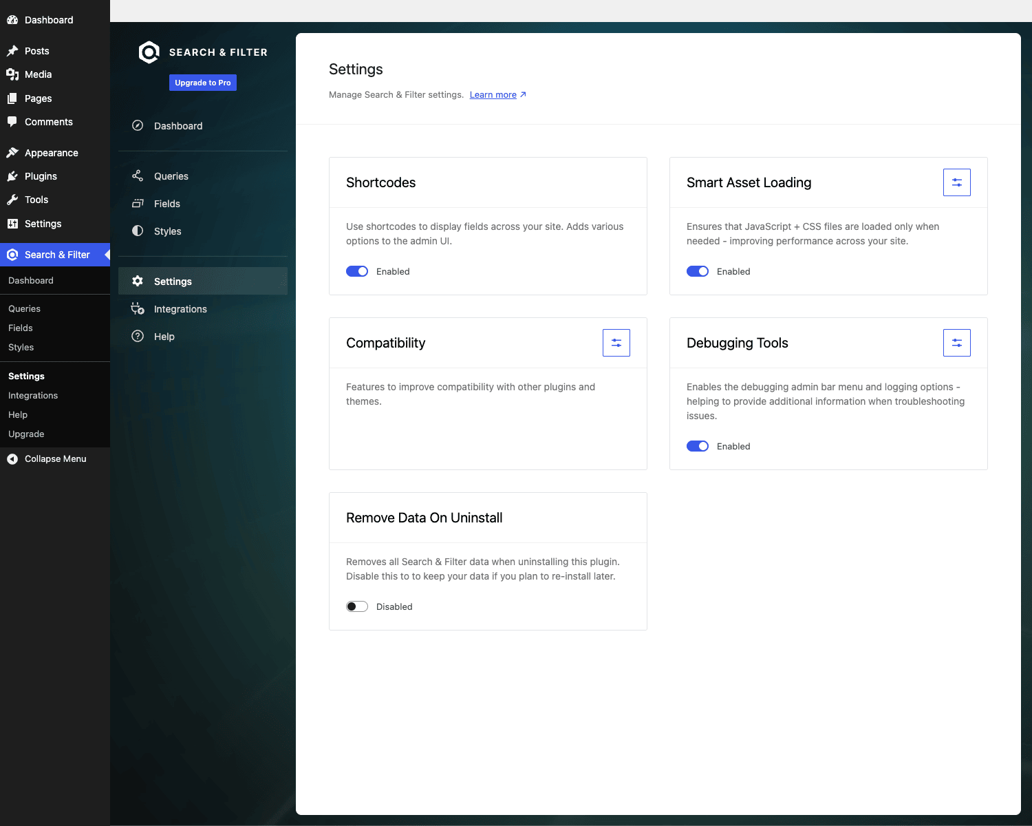 Settings page Settings page with toggles for Shortcodes, Smart Asset Loading, Compatibility, Debugging Tools, and Remove Data On Uninstall