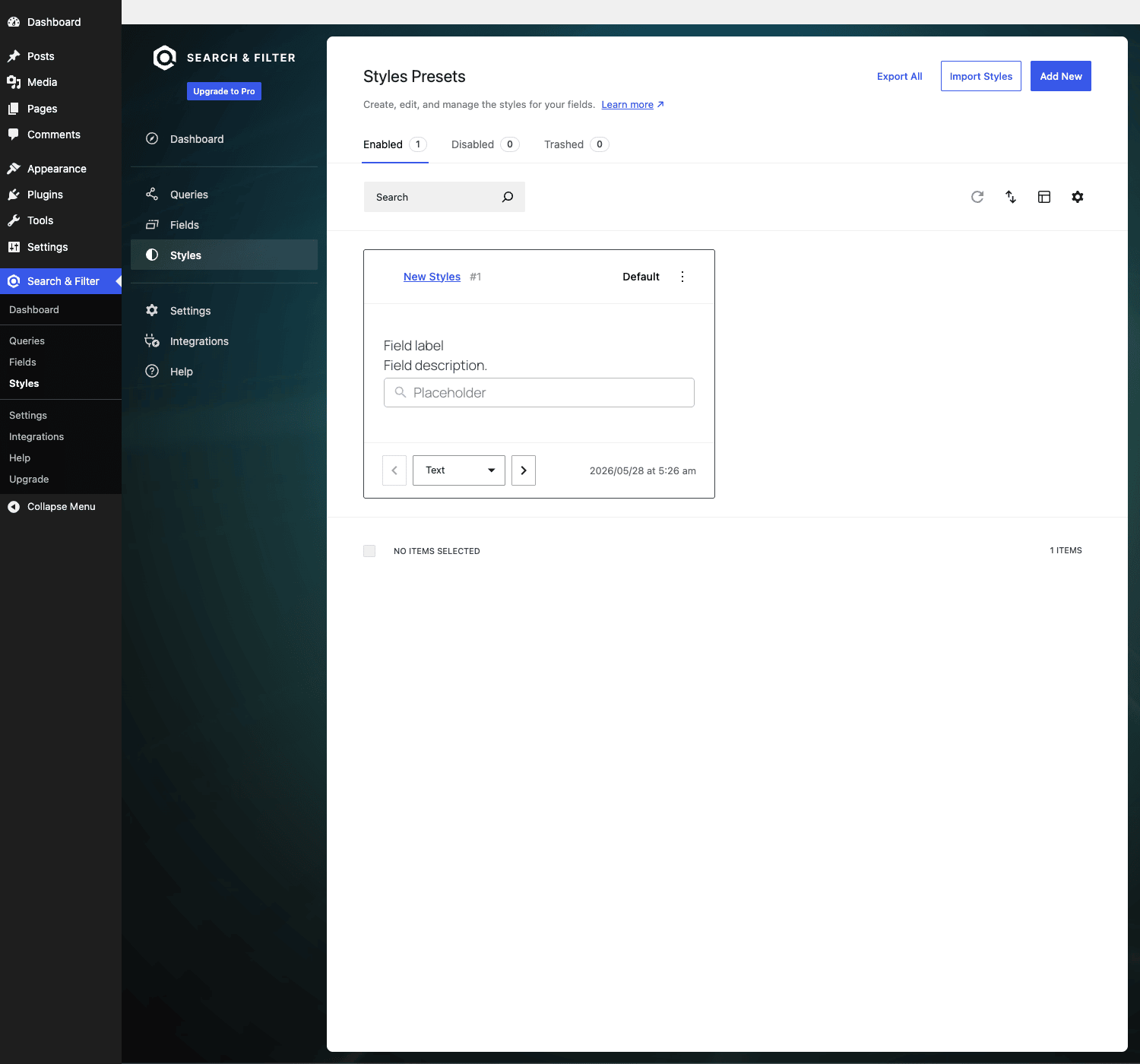 Styles Presets Styles Presets screen showing the Default style with a placeholder input preview