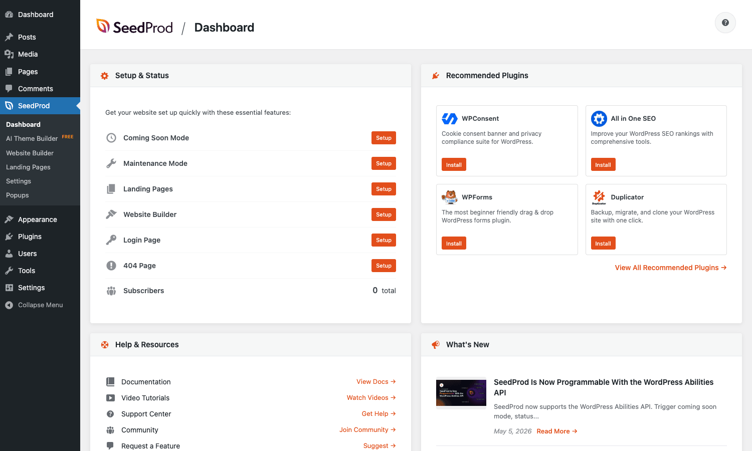 SeedProd Pro dashboard SeedProd Pro dashboard showing setup status and recommended plugins