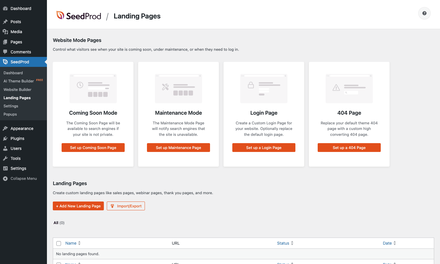 Landing Pages with the four mode cards SeedProd Pro Landing Pages screen with Coming Soon, Maintenance, Login, and 404 mode cards